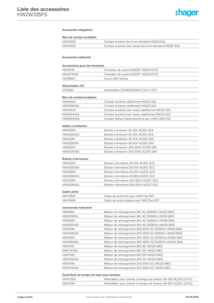 Image Hager Fiche technique du produit HW2W325FS | Hager France