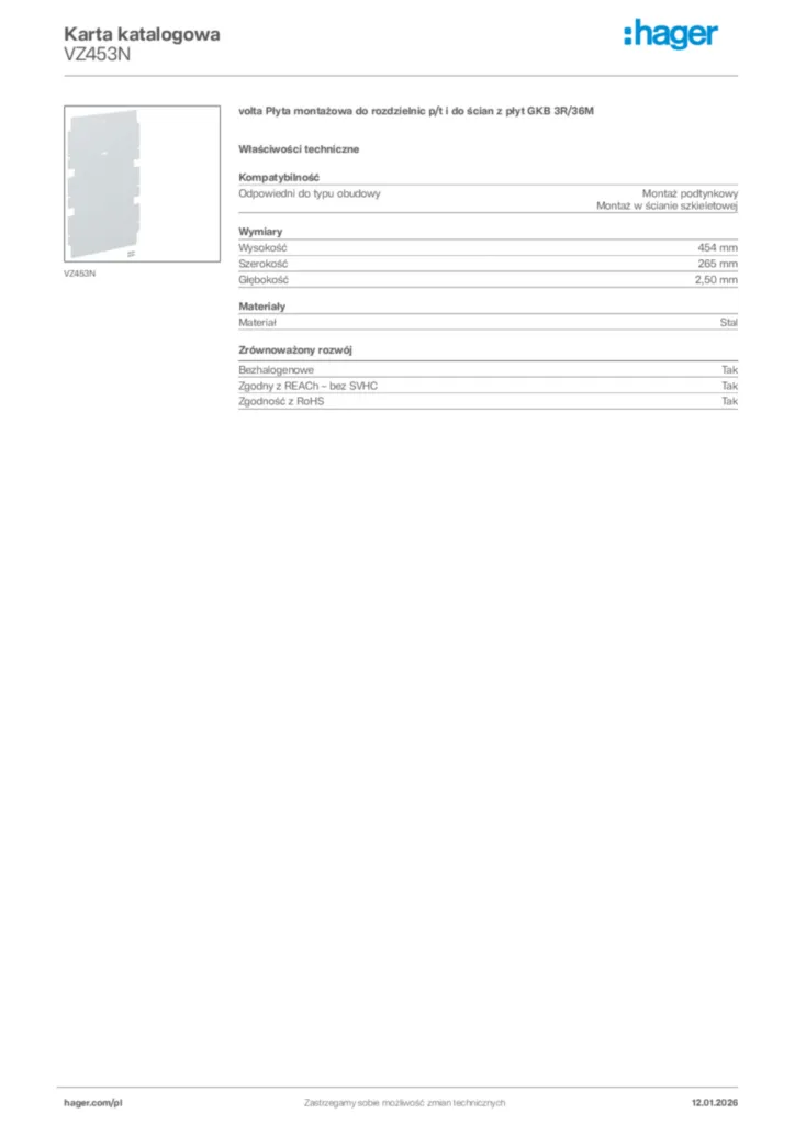 Zdjęcie Hager Karta katalogowa VZ453N | Hager Polska