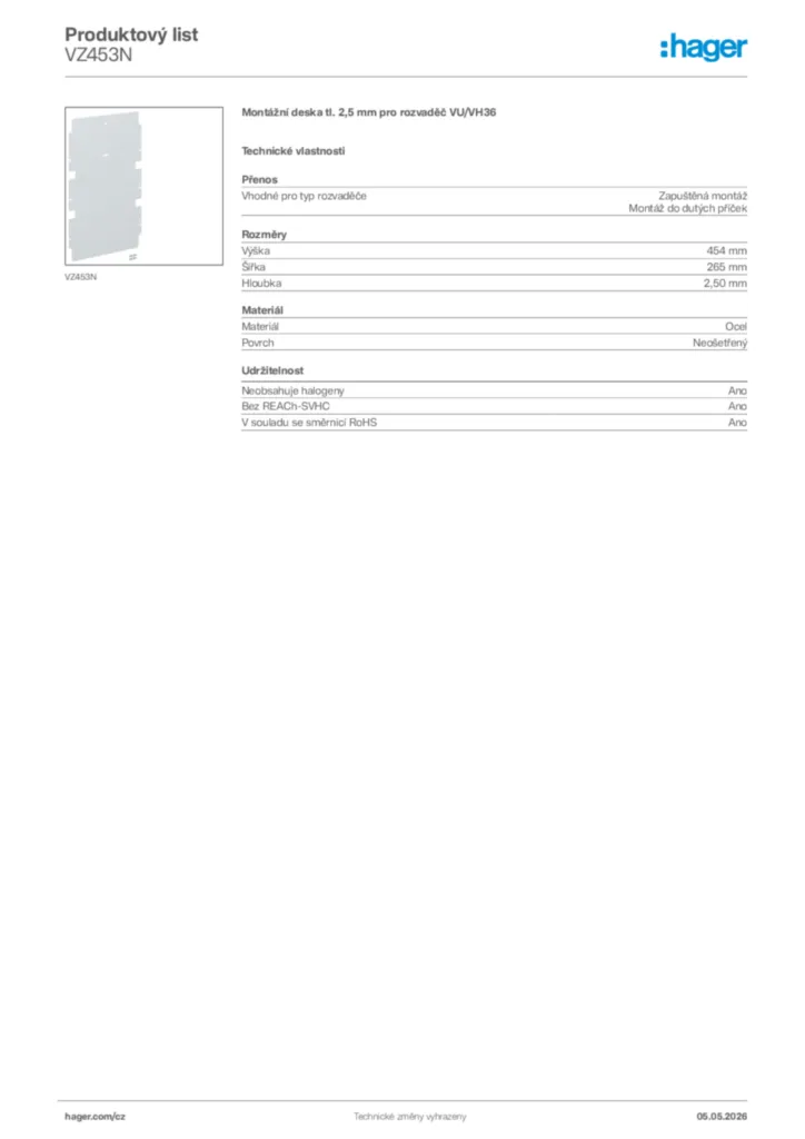 Obrázek Hager Product data sheet VZ453N | Hager