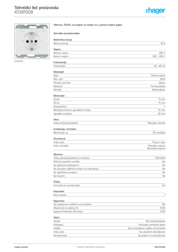 Slika Hager Product data sheet 47397009  | Hager
