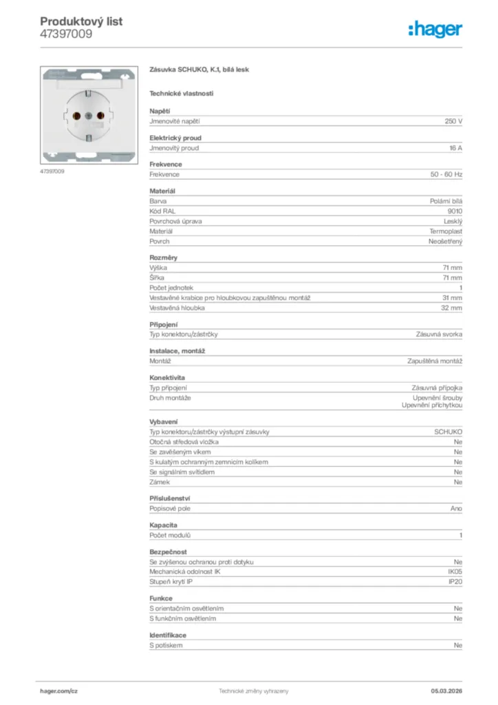 Obrázek Hager Product data sheet 47397009 | Hager