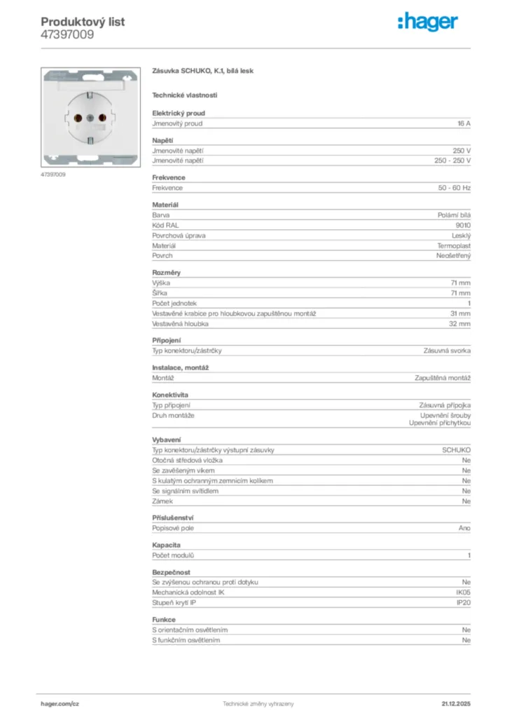 Obrázek Hager Produktový list 47397009 | Hager