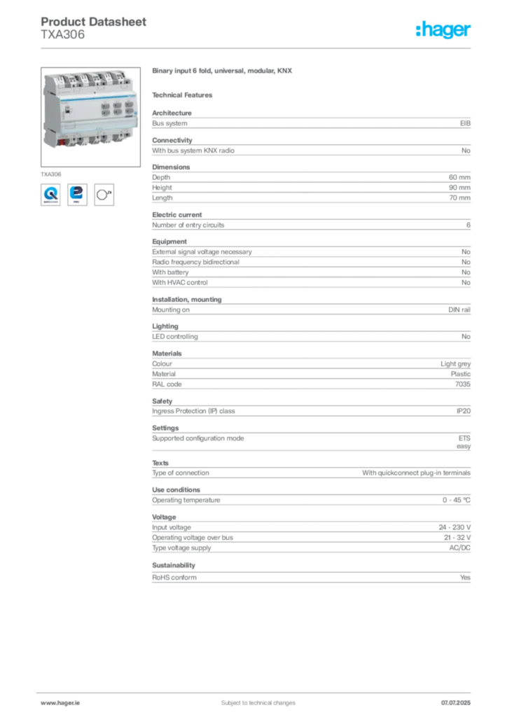 Image Hager Product data sheet TXA306  | Hager