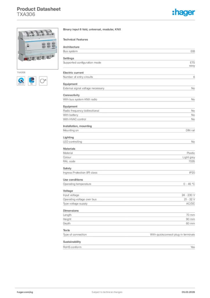 Image Hager Product data sheet TXA306  | Hager