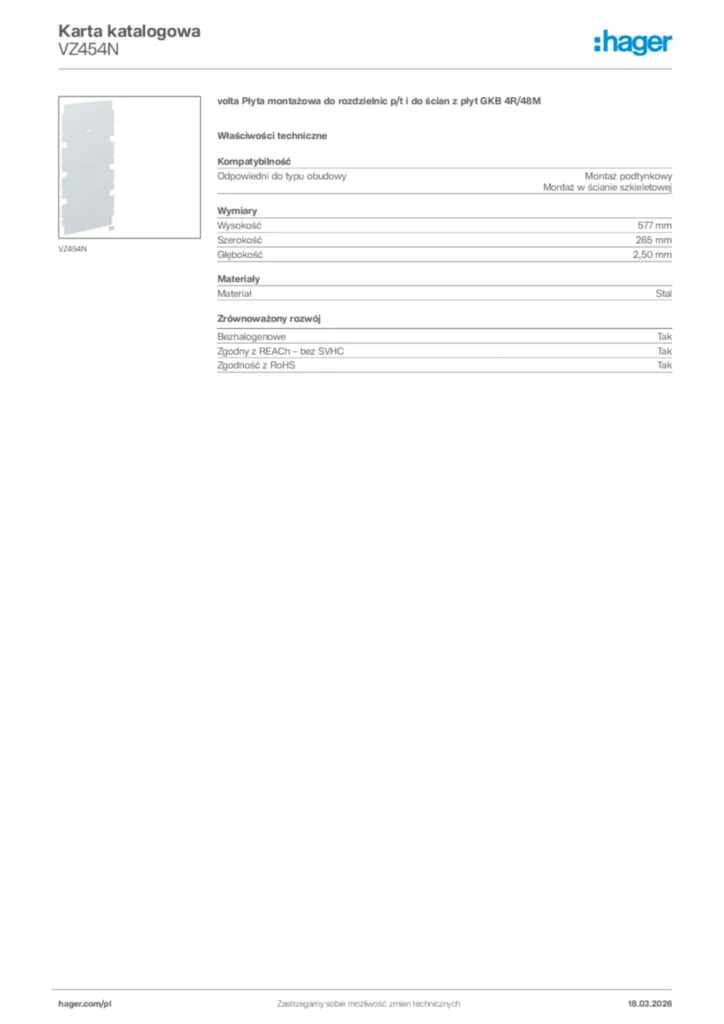 Zdjęcie Hager Karta katalogowa VZ454N | Hager Polska