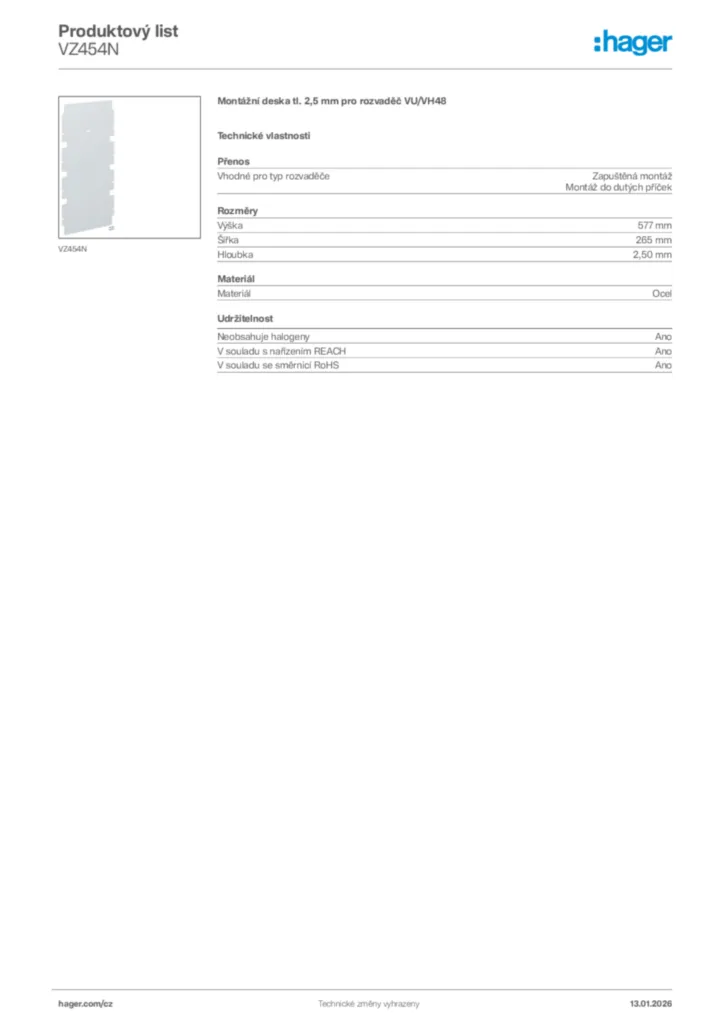 Obrázek Hager Product data sheet VZ454N | Hager