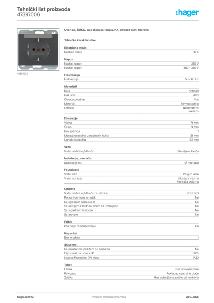 Slika Hager Product data sheet 47397006  | Hager
