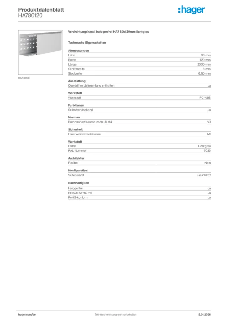 Bild Hager Produktdatenblatt HA780120 | Hager Deutschland