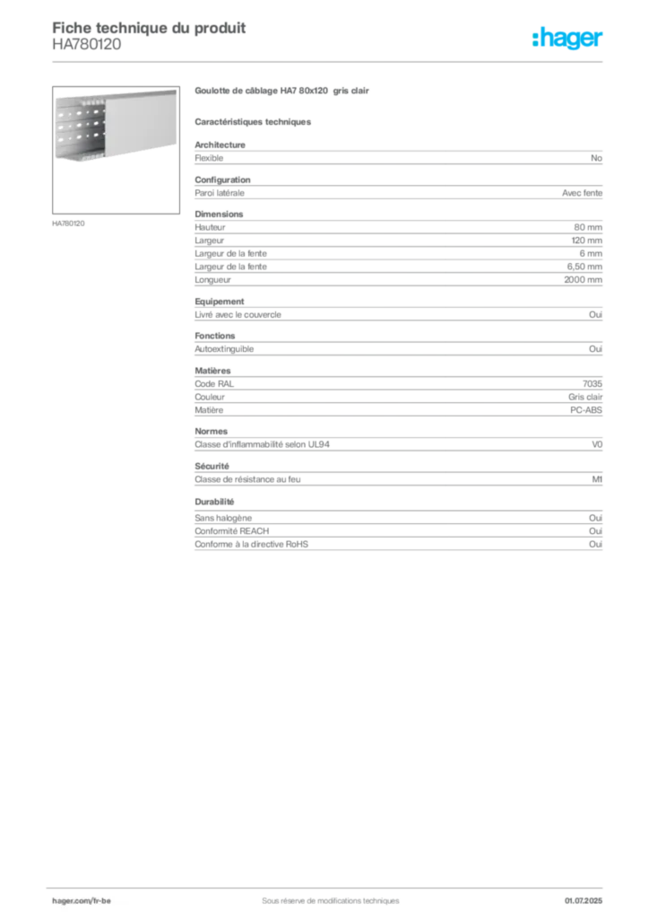 Image Hager Fiche technique du produit HA780120 | Hager Belgique