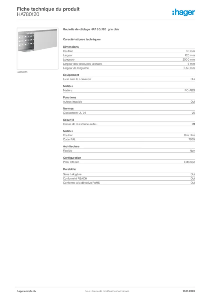 Image Hager Fiche technique du produit HA780120 | Hager Suisse