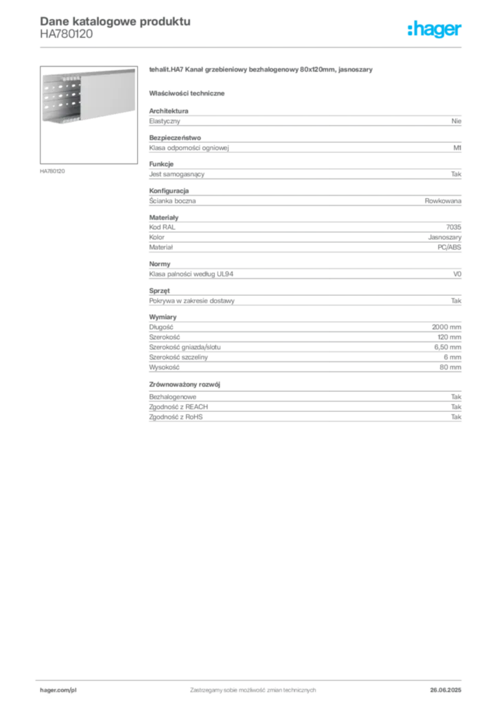 Zdjęcie Hager Dane katalogowe produktu HA780120 | Hager Polska