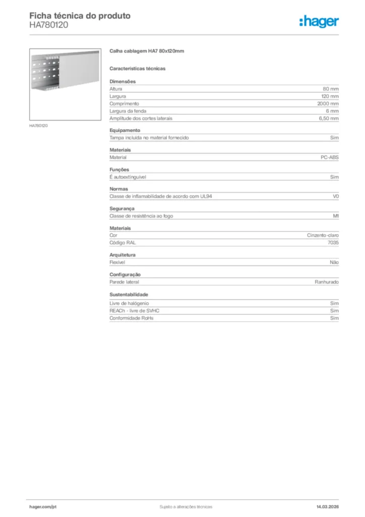 Imagem Hager Ficha técnica do produto HA780120 | Hager Portugal