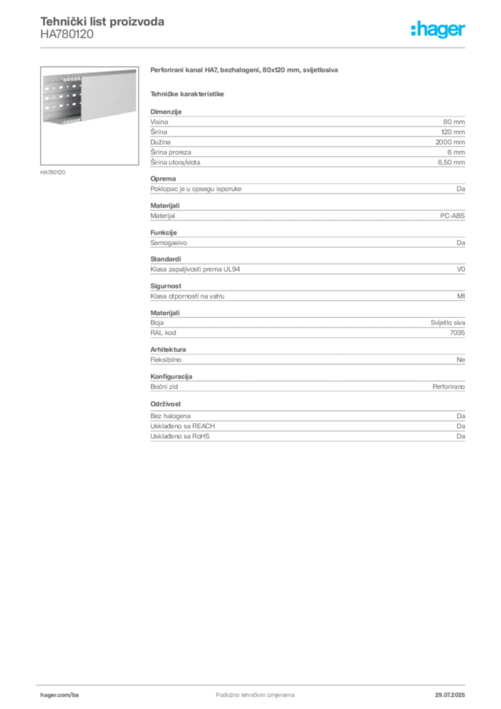 Slika Hager Product data sheet HA780120  | Hager