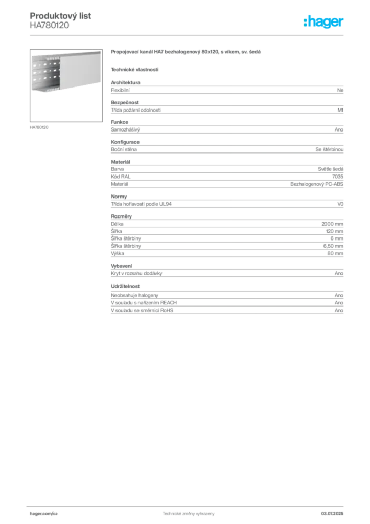 Obrázek Hager Produktový list HA780120 | Hager