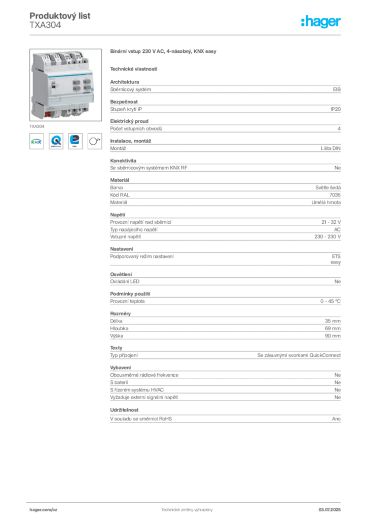 Obrázek Hager Produktový list TXA304 | Hager