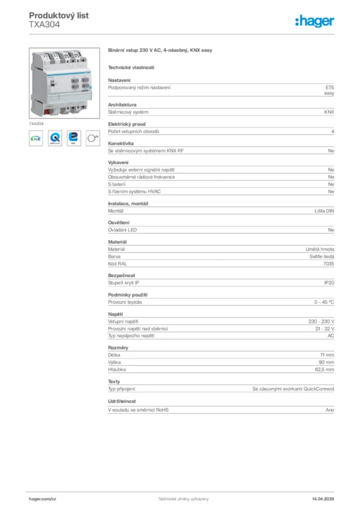 Obrázek Hager Product data sheet TXA304 | Hager