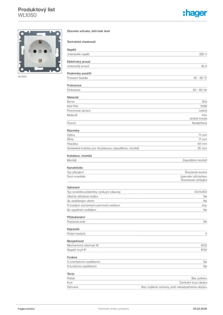 Obrázek Hager Product data sheet WL1050 | Hager
