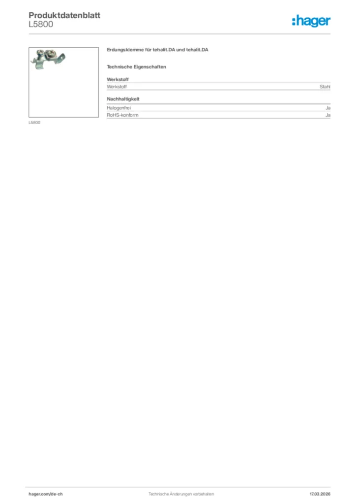Bild Hager Produktdatenblatt L5800 | Hager Schweiz