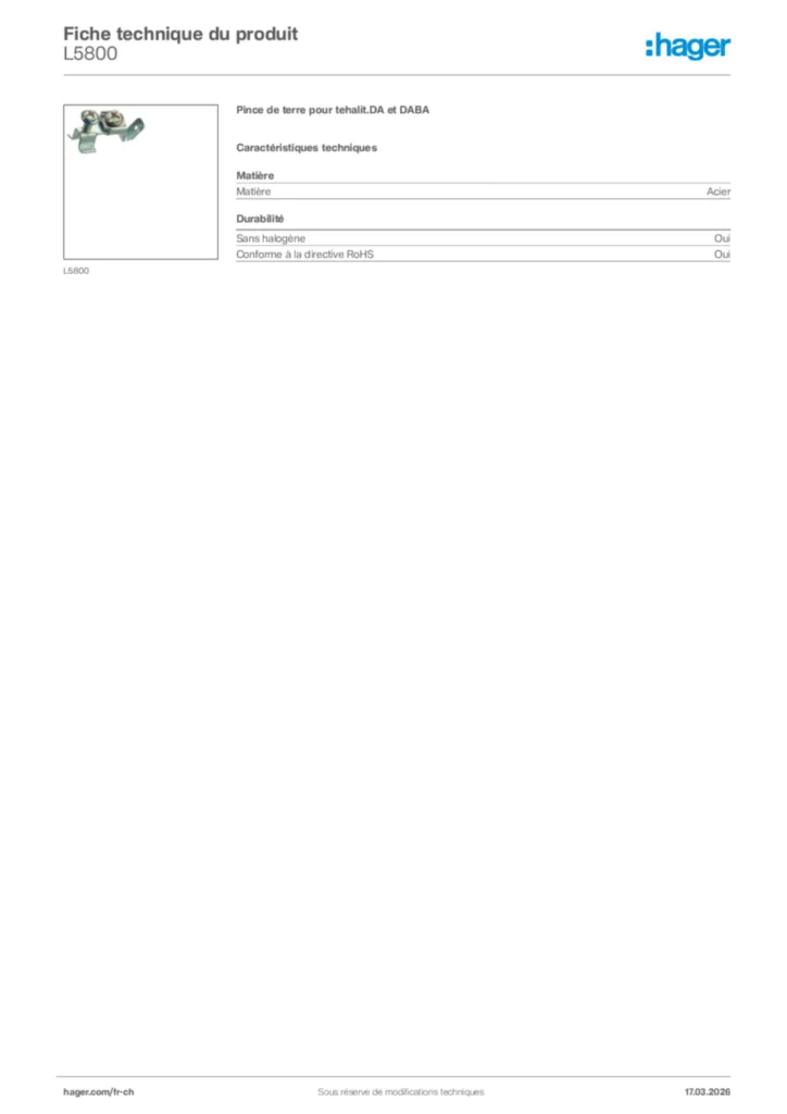 Image Hager Fiche technique du produit L5800 | Hager Suisse