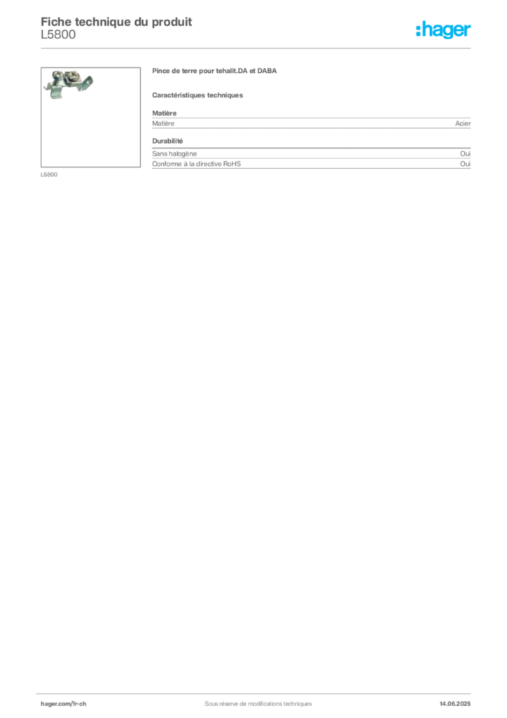 Image Hager Fiche technique du produit L5800 | Hager Suisse
