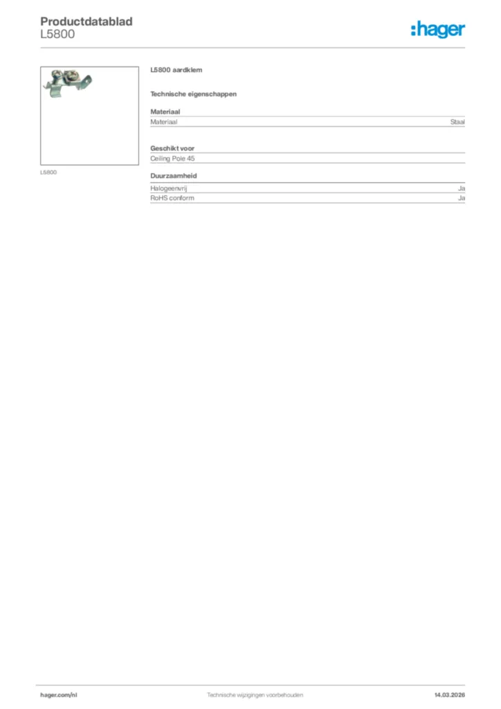 Afbeelding Hager Productdatablad L5800 | Hager Nederland