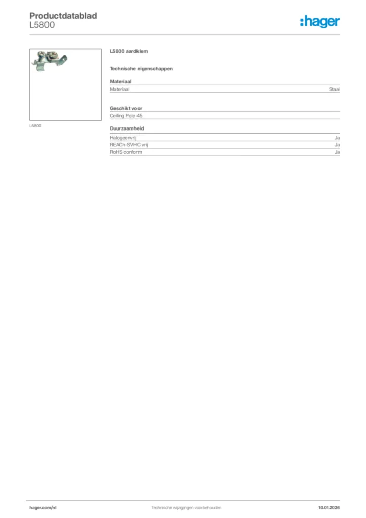 Afbeelding Hager Productdatablad L5800 | Hager Nederland