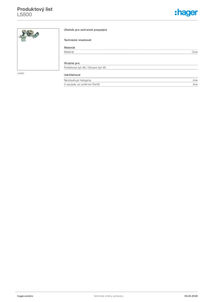 Obrázek Hager Product data sheet L5800 | Hager
