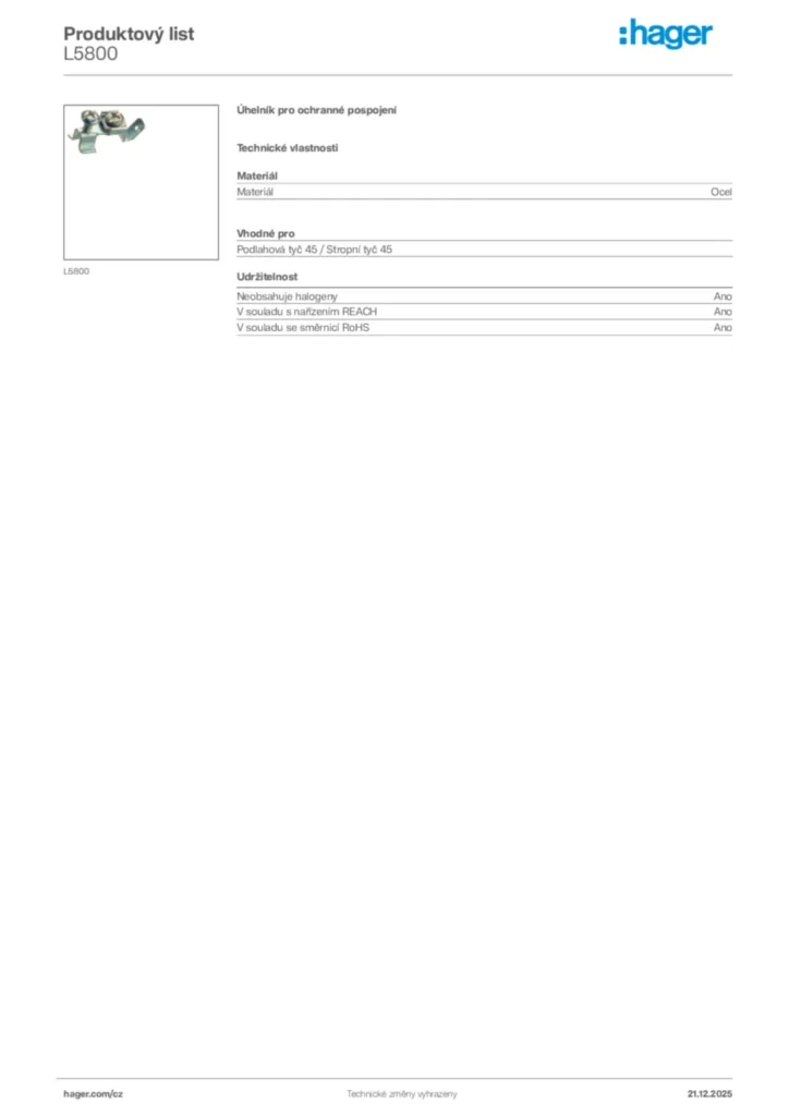 Obrázek Hager Produktový list L5800 | Hager