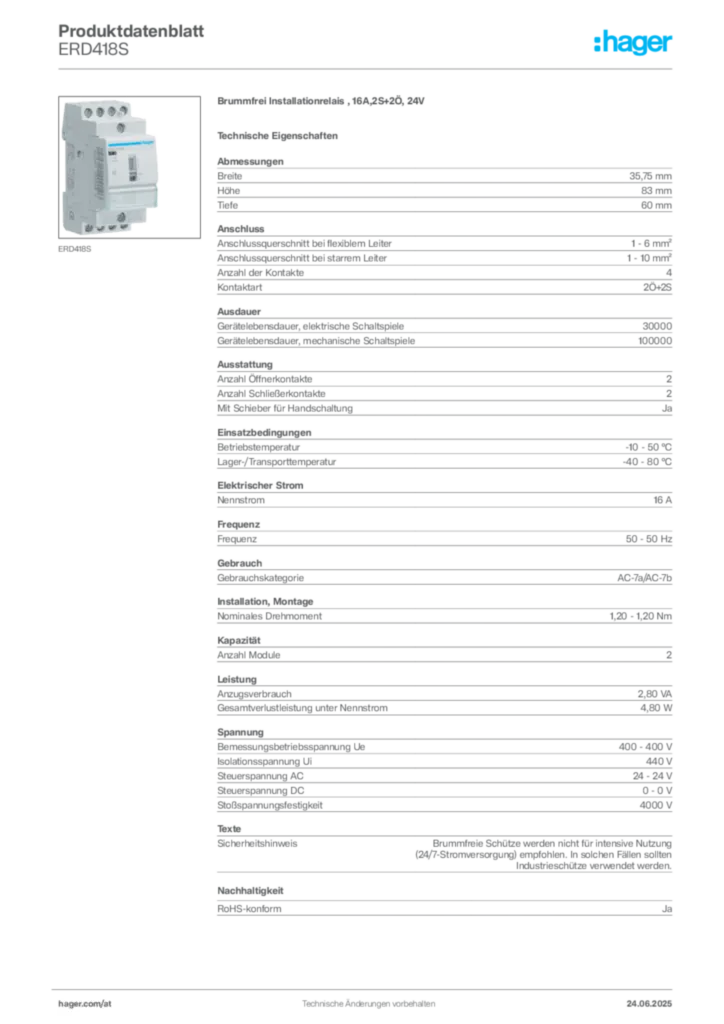 Bild Hager Produktdatenblatt ERD418S | Hager Deutschland