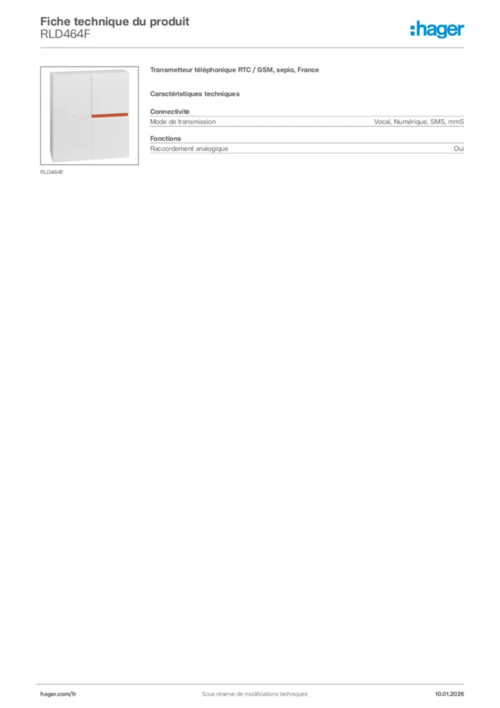 Image Hager Fiche technique du produit RLD464F | Hager France