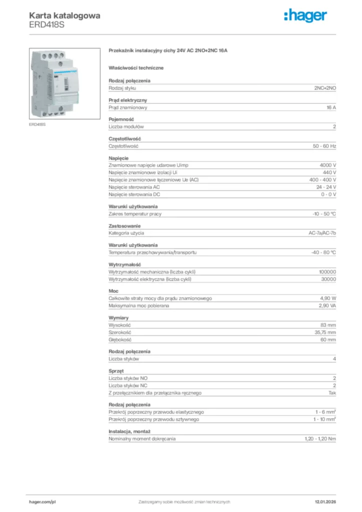 Zdjęcie Hager Karta katalogowa ERD418S | Hager Polska