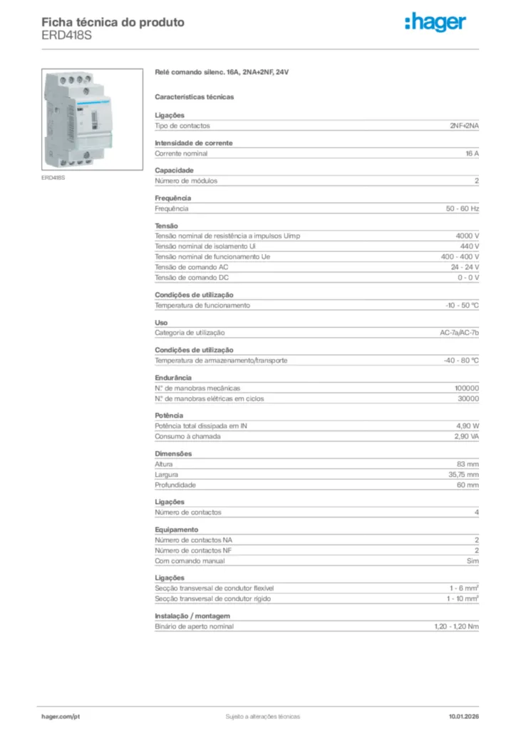 Imagem Hager Ficha técnica do produto ERD418S | Hager Portugal