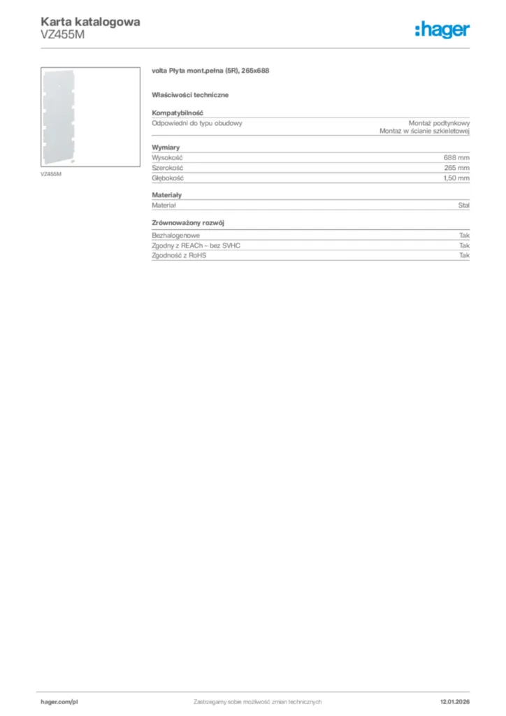 Zdjęcie Hager Karta katalogowa VZ455M | Hager Polska