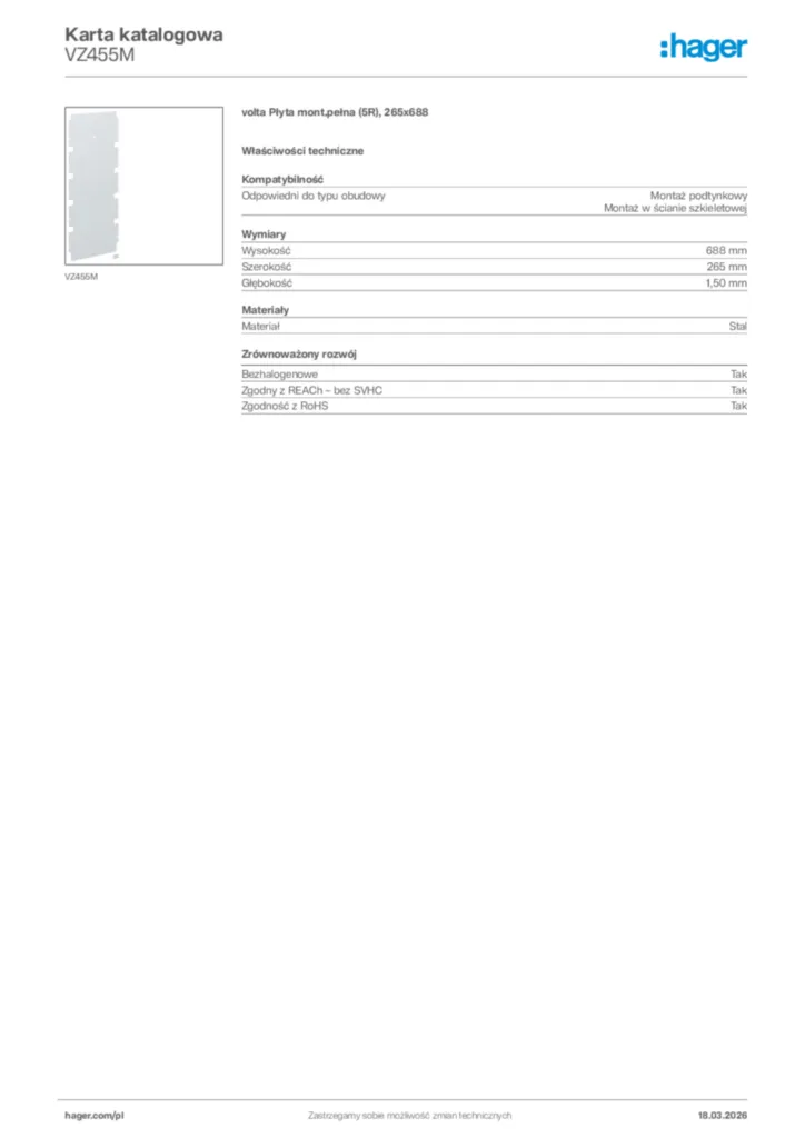 Zdjęcie Hager Karta katalogowa VZ455M | Hager Polska