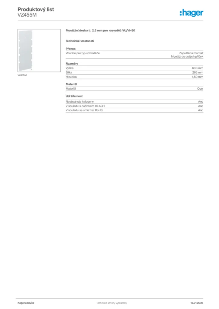 Obrázek Hager Product data sheet VZ455M | Hager
