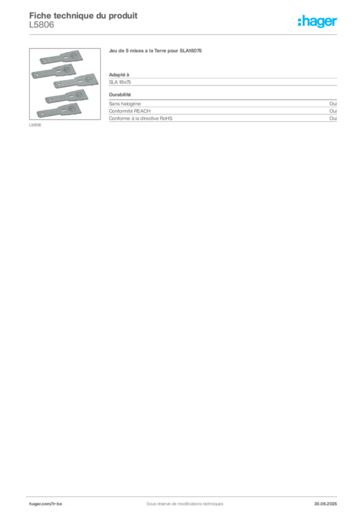 Image Hager Fiche technique du produit L5806 | Hager Belgique