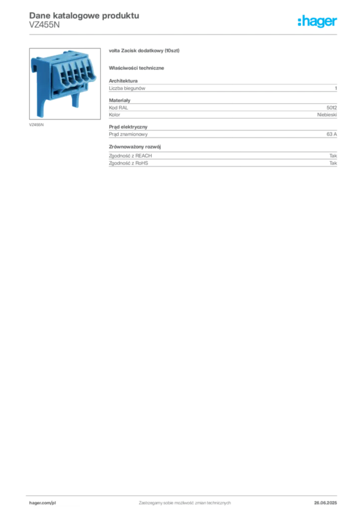 Zdjęcie Hager Dane katalogowe produktu VZ455N | Hager Polska