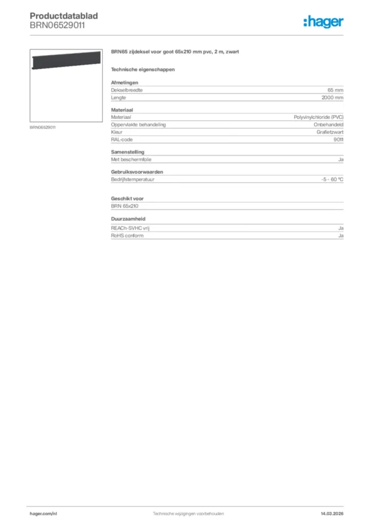 Afbeelding Hager Productdatablad BRN06529011 | Hager Nederland