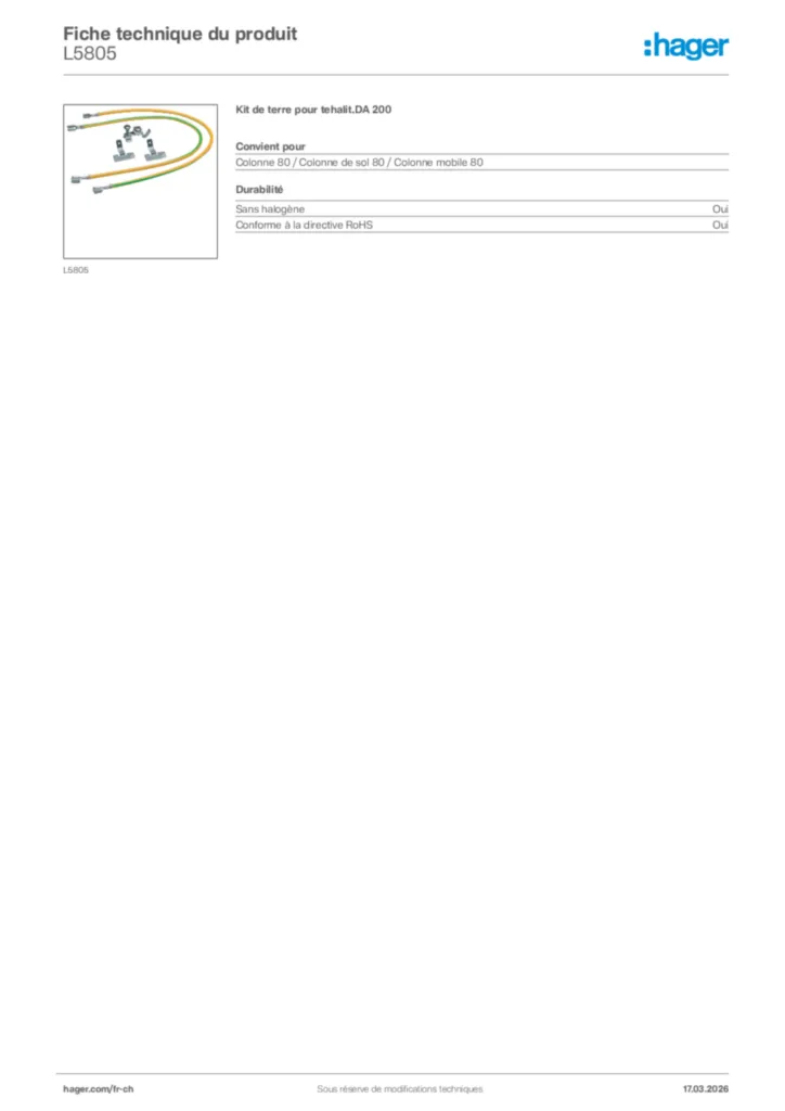 Image Hager Fiche technique du produit L5805 | Hager Suisse