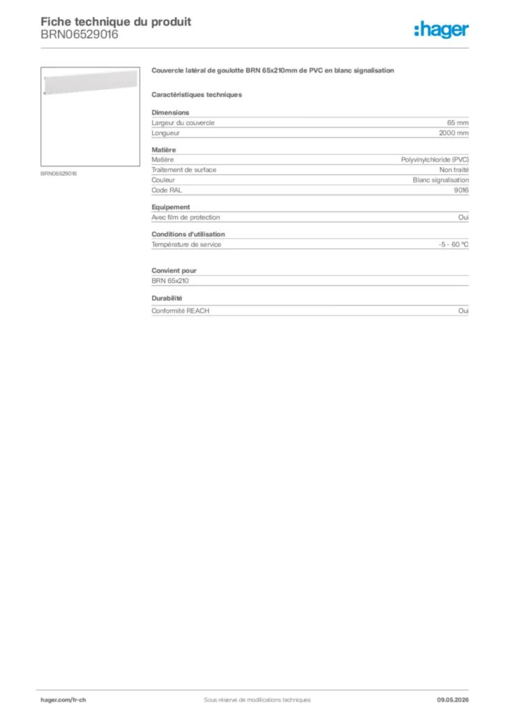 Image Hager Fiche technique du produit BRN06529016 | Hager Suisse