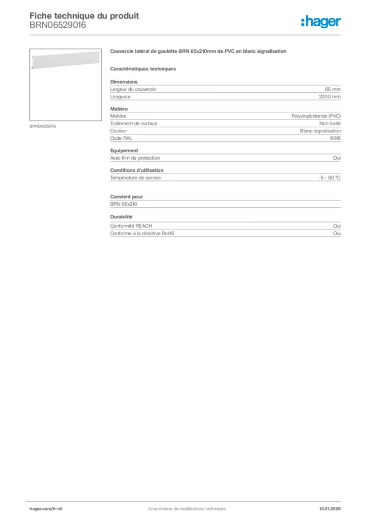 Image Hager Fiche technique du produit BRN06529016 | Hager Suisse