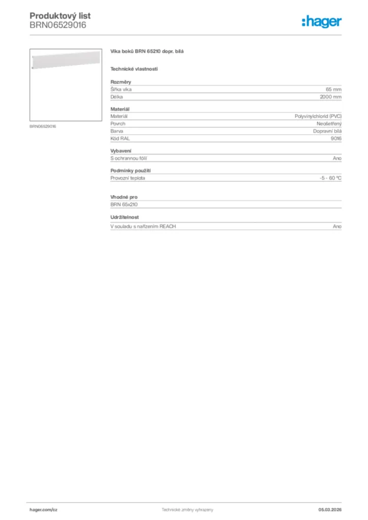 Obrázek Hager Product data sheet BRN06529016 | Hager