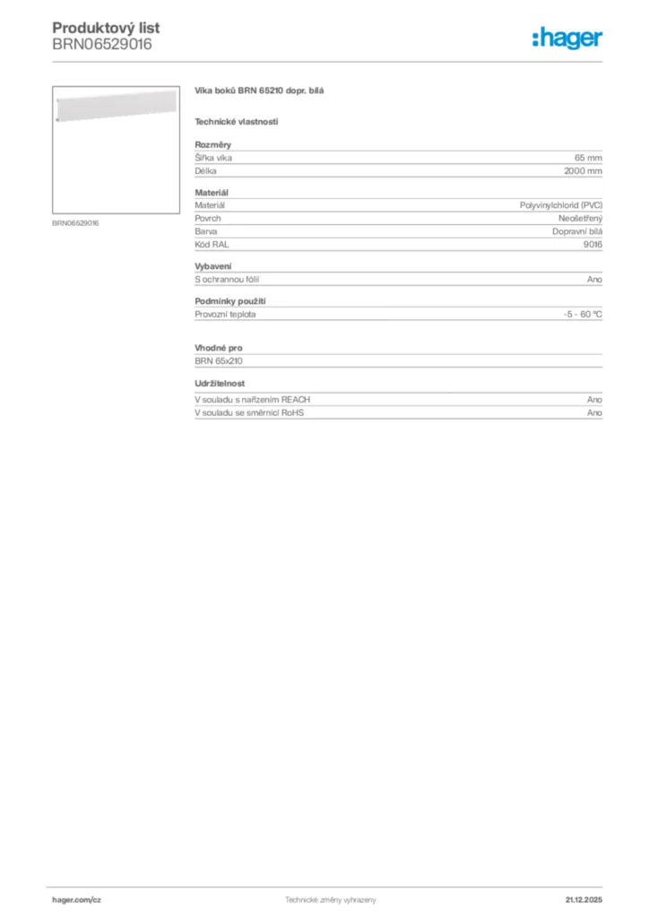 Obrázek Hager Product data sheet BRN06529016 | Hager
