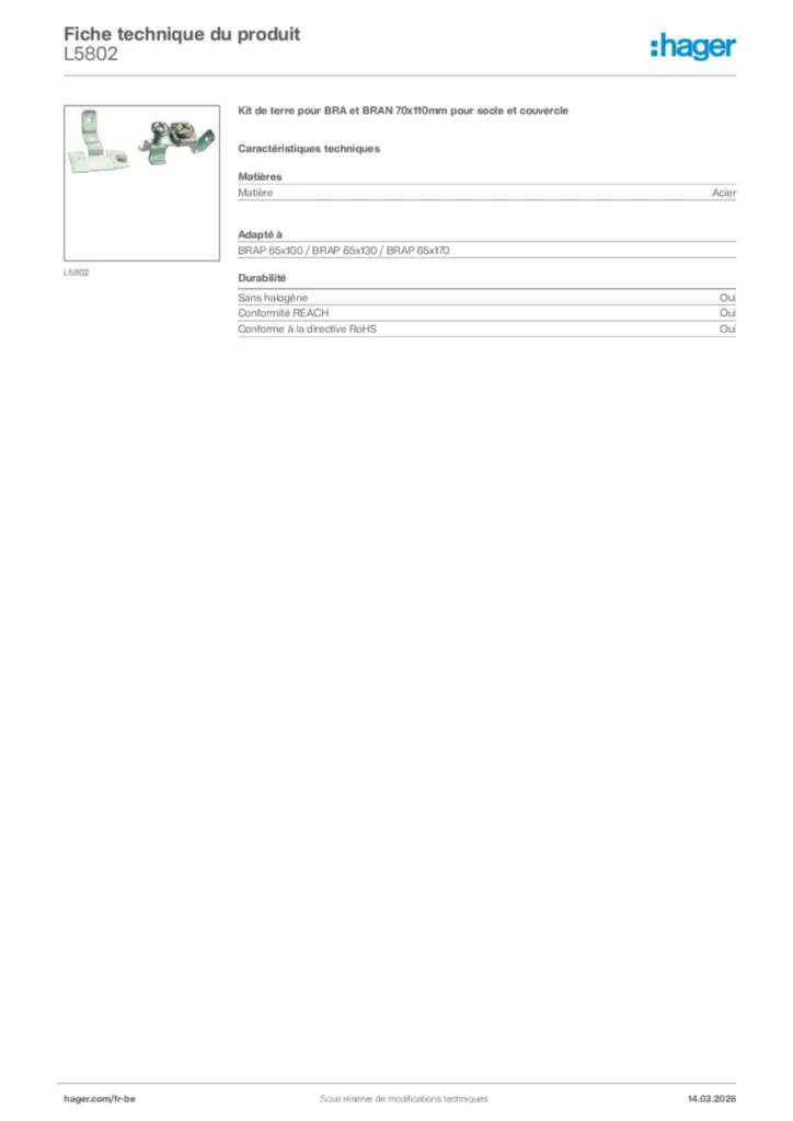 Image Hager Fiche technique du produit L5802 | Hager Belgique