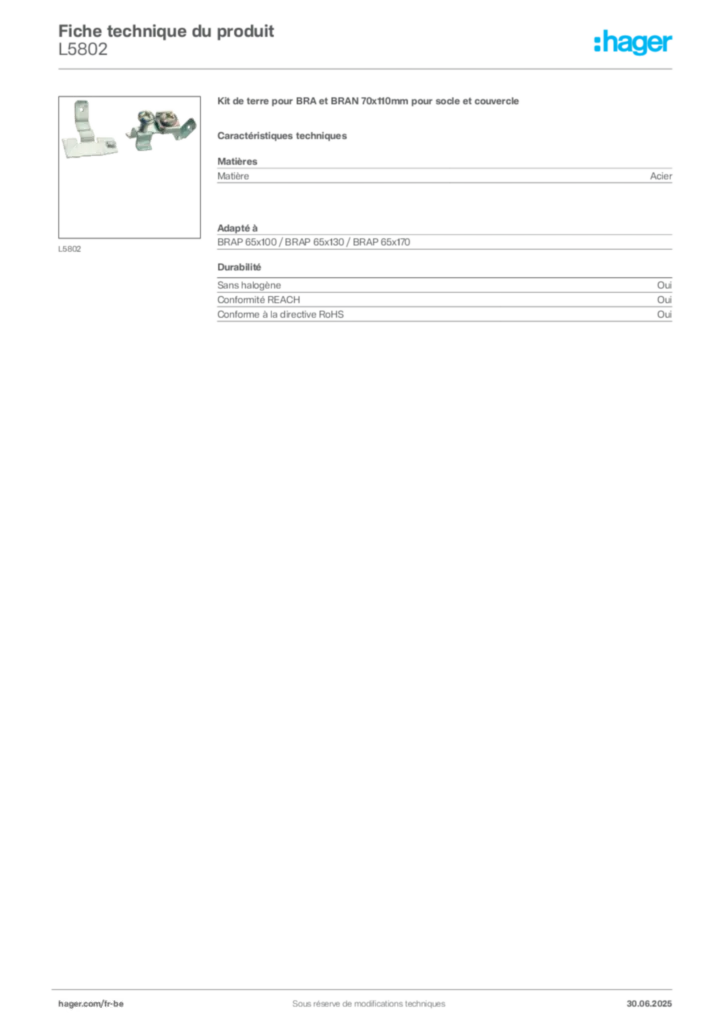 Image Hager Fiche technique du produit L5802 | Hager Belgique