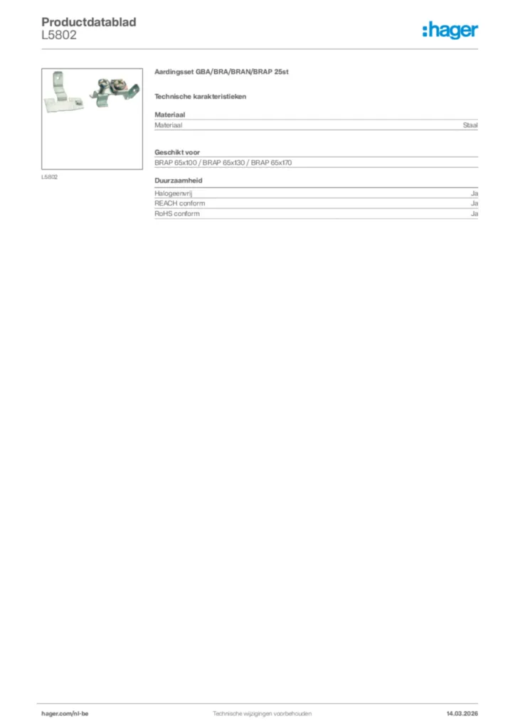 Afbeelding Hager Productdatablad L5802 | Hager Belgium