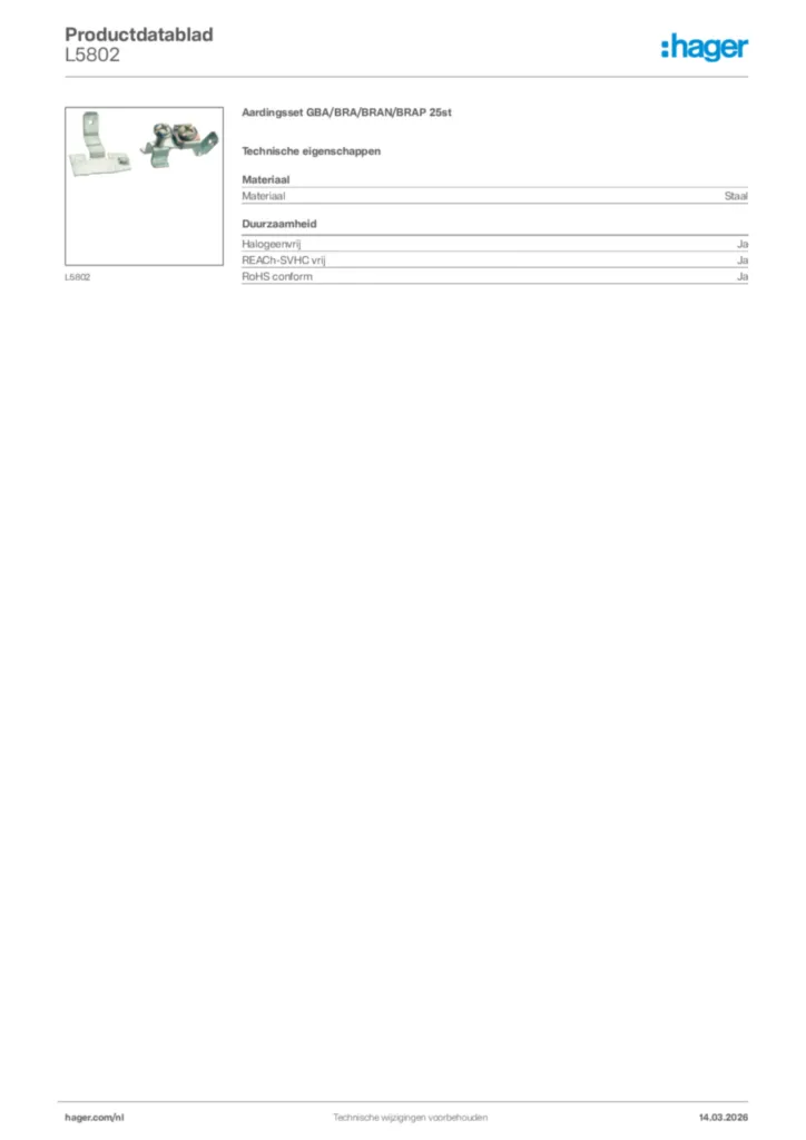 Afbeelding Hager Productdatablad L5802 | Hager Nederland