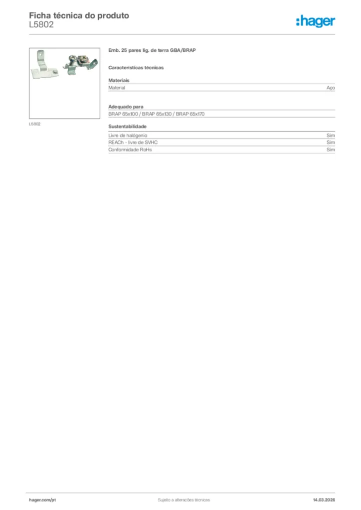 Imagem Hager Ficha técnica do produto L5802 | Hager Portugal