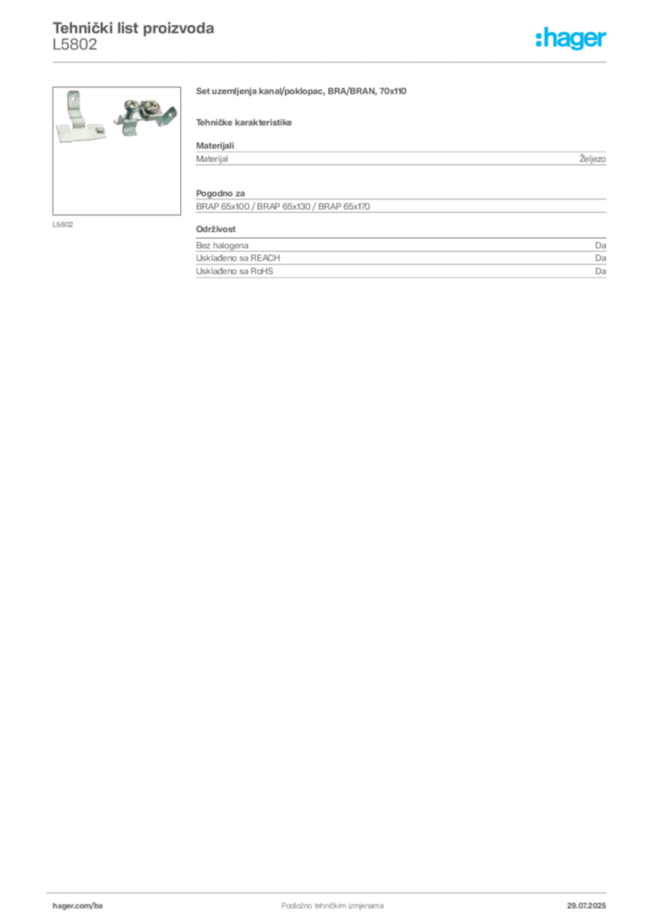 Slika Hager Product data sheet L5802  | Hager