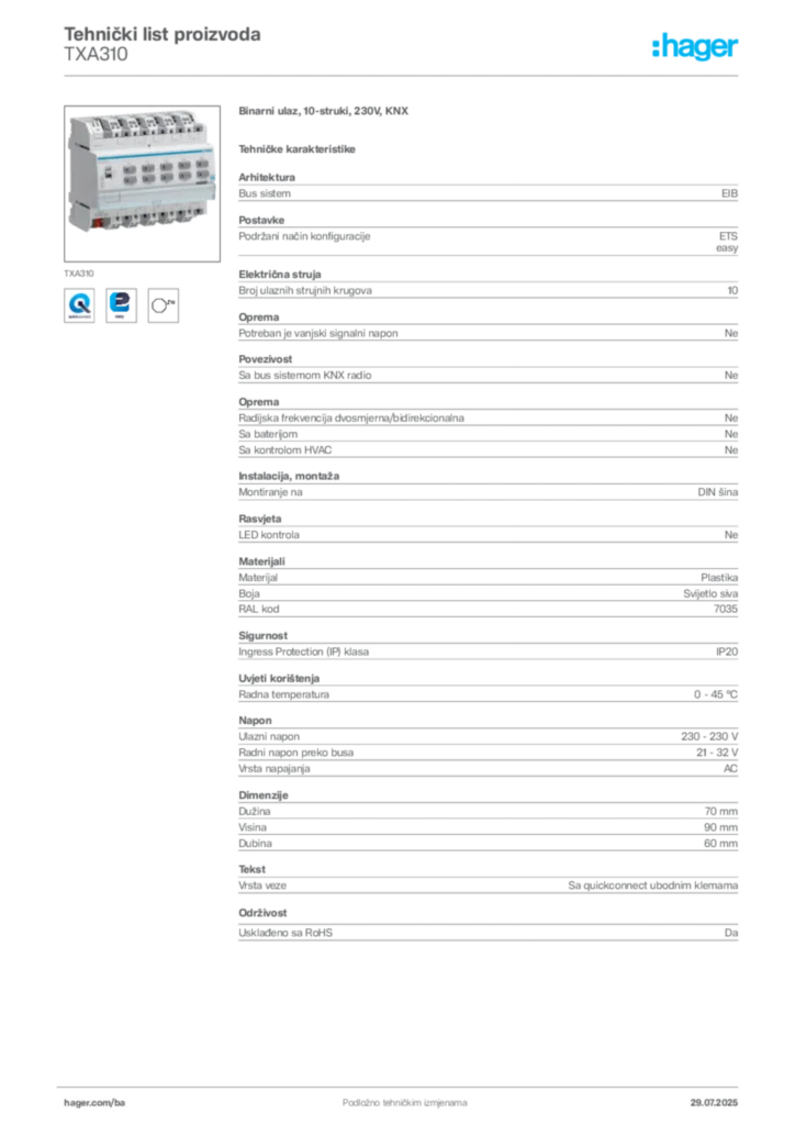 Slika Hager Product data sheet TXA310  | Hager